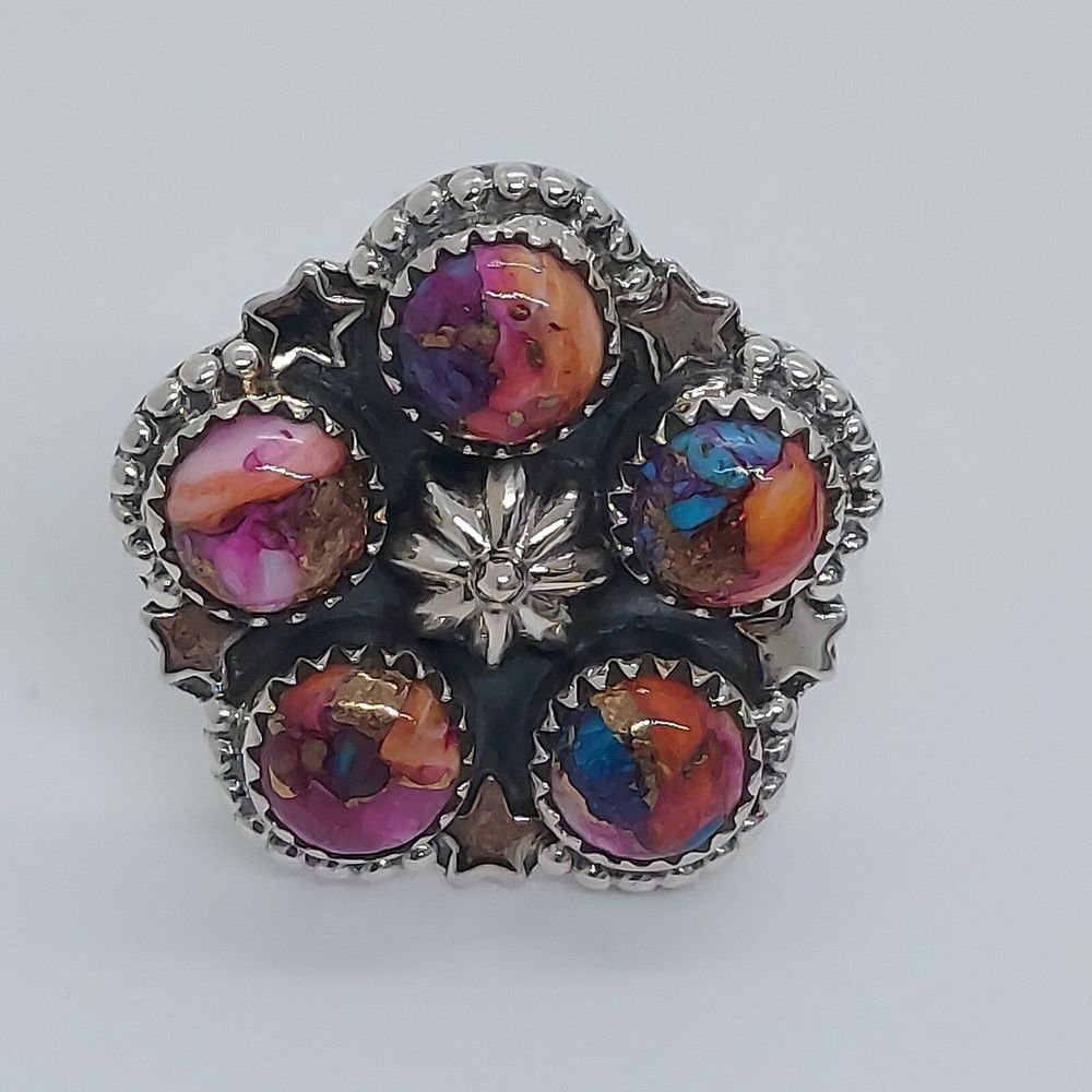 925 Sterling Silver Ring spiny oyster turquoise Mojave mixed stones adjustable